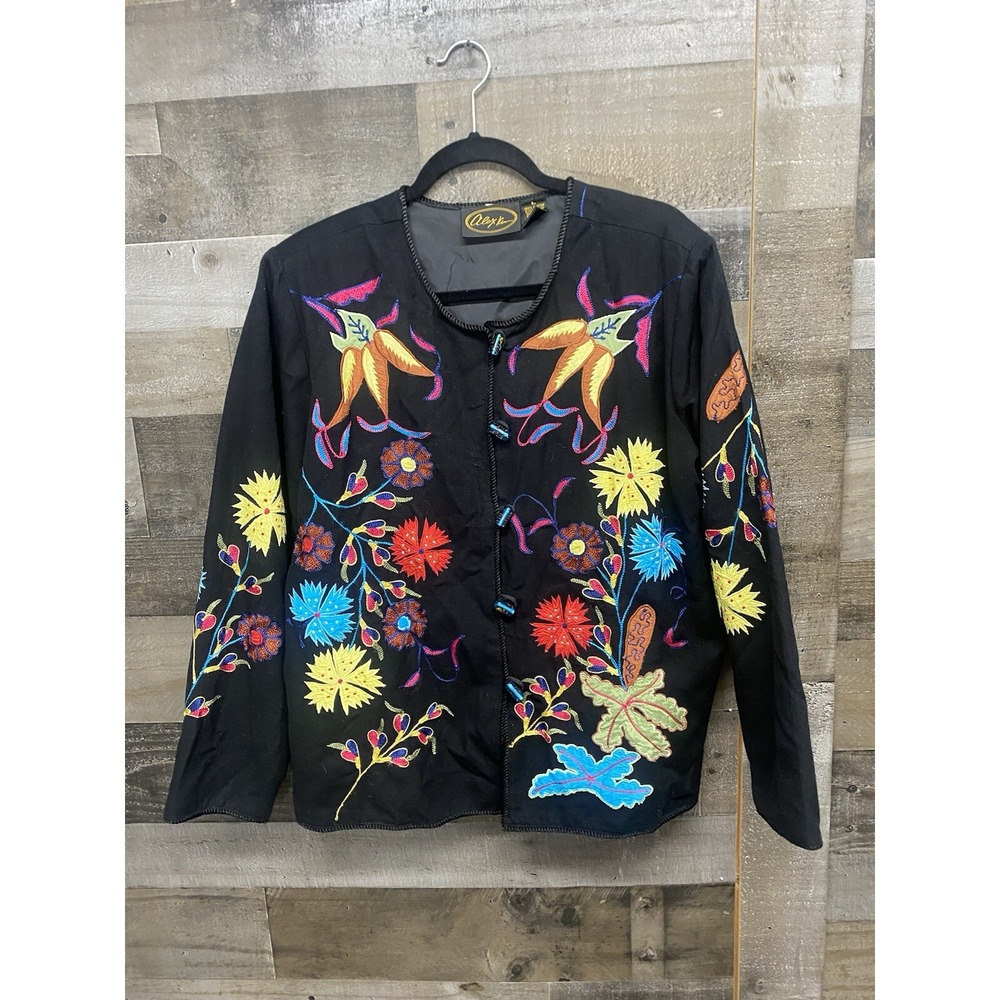Women's Vintage ALEX Kim Black Jacket Embroidered Ethnic BOHO Floral Lined L